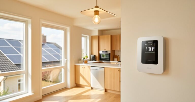 Bright modern home interior with LED lighting, smart thermostat, and solar panels visible through the window
