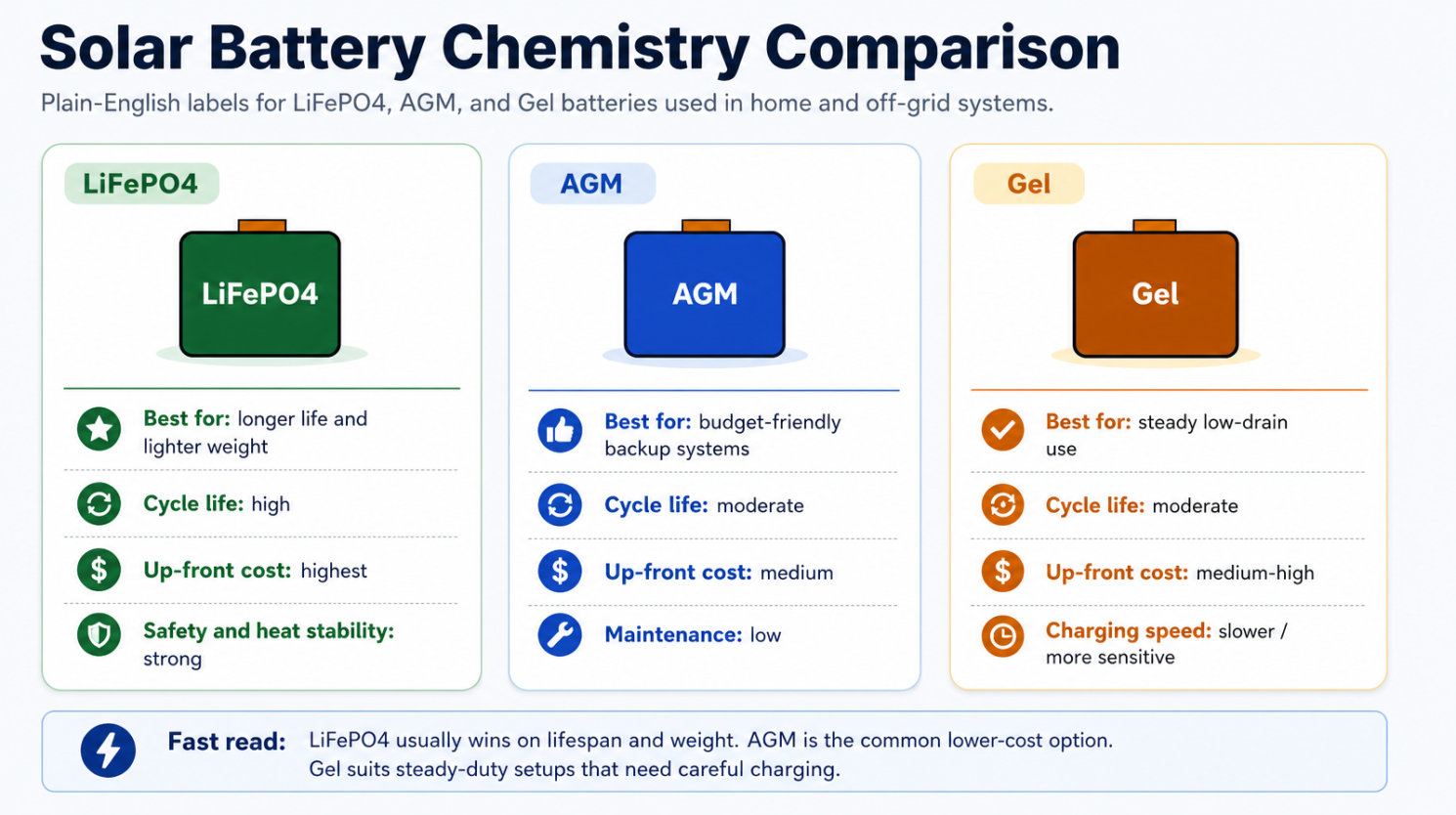 Labeled battery chemistry comparison for solar backup