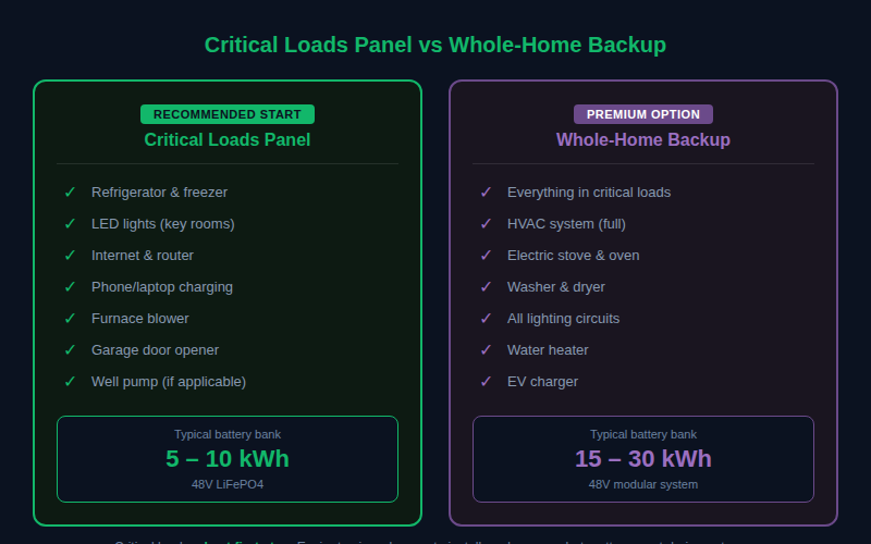 Comparison diagram of critical loads panel versus whole-home backup showing typical loads and battery sizes