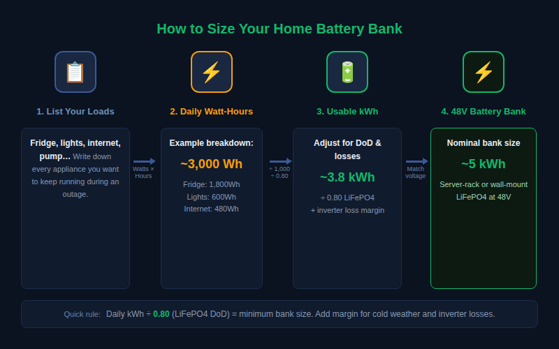 Flow chart showing how to size a home battery bank from appliance loads to 48V battery capacity