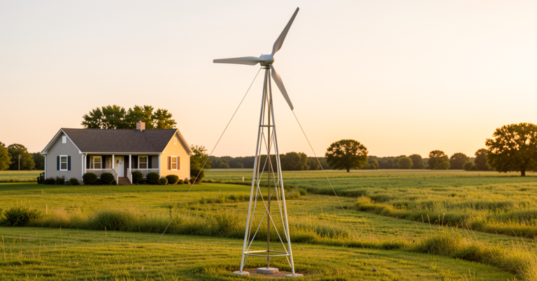 Small residential wind turbine mounted on a steel tower near a rural home with open fields, showing a typical DIY home wind energy setup