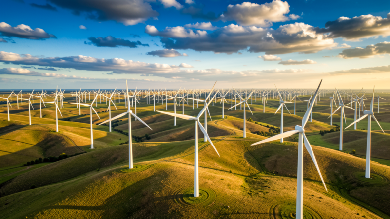 Wind energy global potential hero - modern wind farm with turbines stretching to horizon