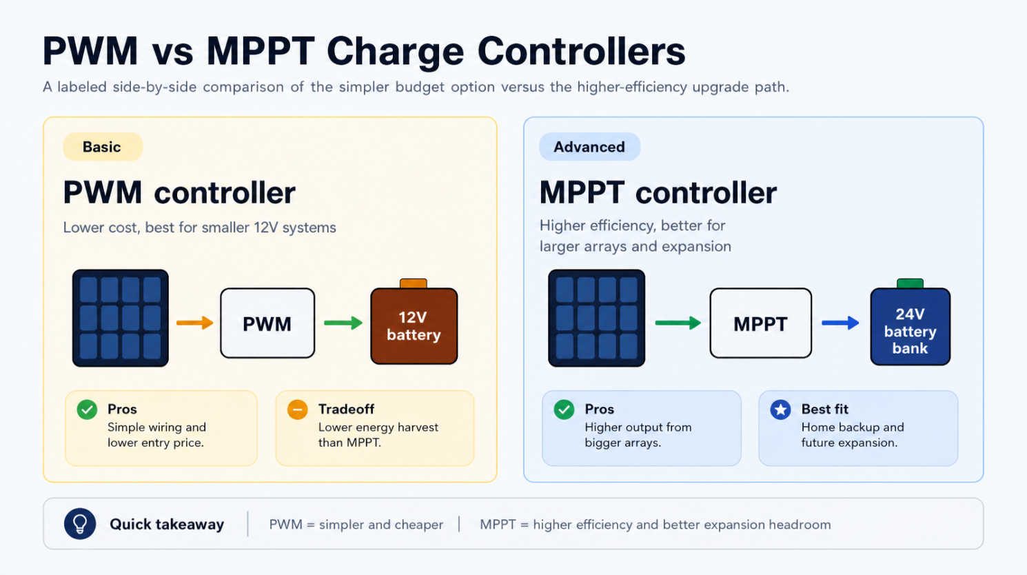 Side-by-side comparison of PWM and MPPT charge controllers, showing where each approach fits best.