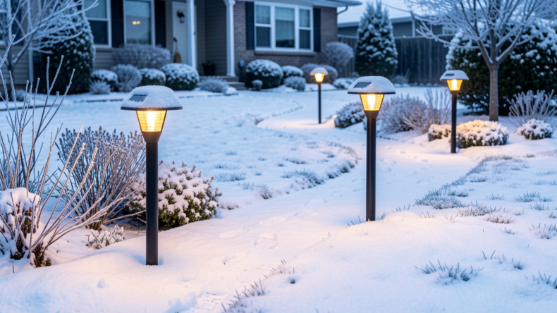Solar garden lights standing in a snowy yard with frost on the panels, showing that solar lights continue working in winter conditions.