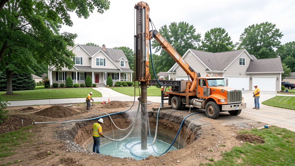 Truck-mounted drilling rig installing a vertical geothermal borehole at a residential property, with drilling slurry circulating in the borehole pit.