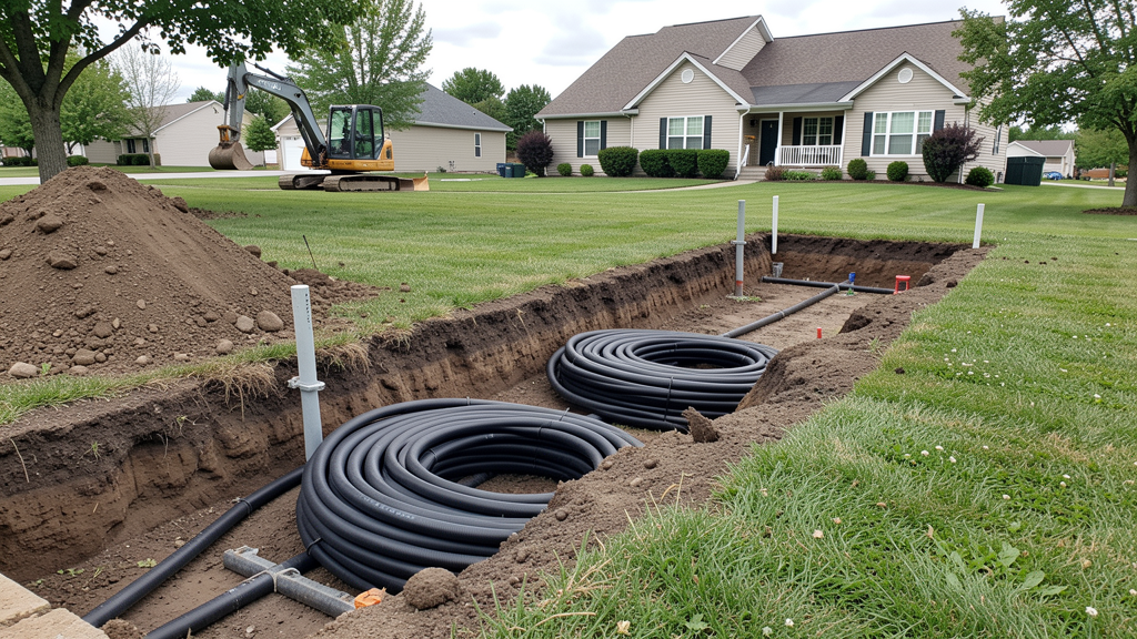 Residential geothermal horizontal ground loop installation showing black HDPE coils in a shallow trench with an excavator and suburban house.