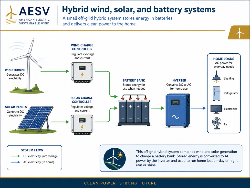 Diagram of a hybrid wind solar and battery system for a home