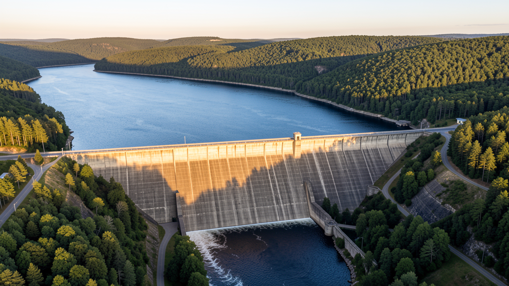 Large hydroelectric dam with reservoir and spillway showing the scale of water storage used for electricity generation.