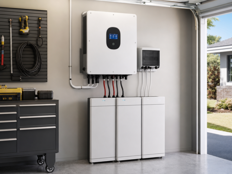 Modern home solar inverter system installed on garage wall with lithium battery bank