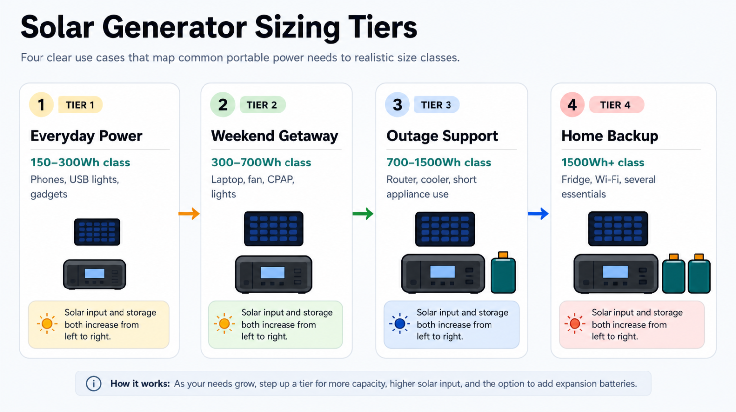 Four portable power tiers connecting generator size with realistic charging, camping, outage, and home-backup use cases.