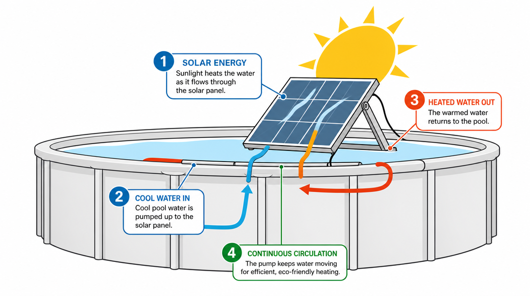 Solar pool heater installation diagram showing water flow through collector panels for above-ground pools.