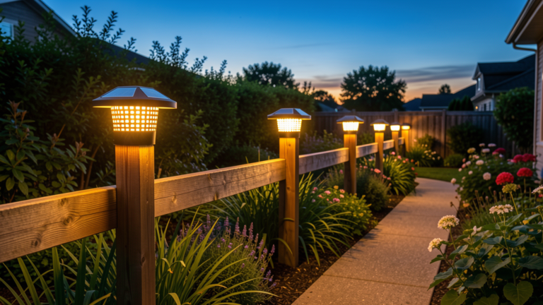 Solar post cap lights lining a garden pathway at dusk, casting warm light along a wooden fence.