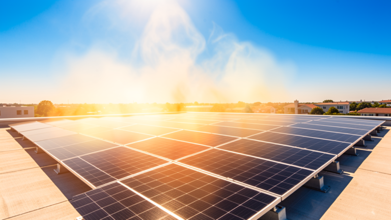 Close-up of rooftop solar panels on a hot summer day with visible heat shimmer, illustrating how high temperatures reduce solar panel efficiency.