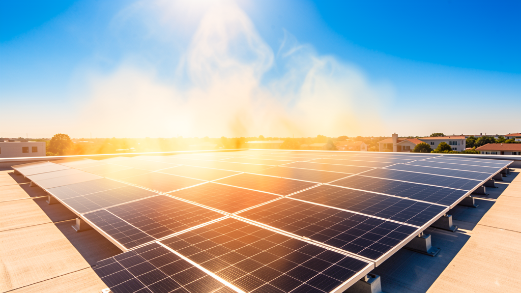 Close-up of rooftop solar panels on a hot summer day with visible heat shimmer, illustrating how high temperatures reduce solar panel efficiency.