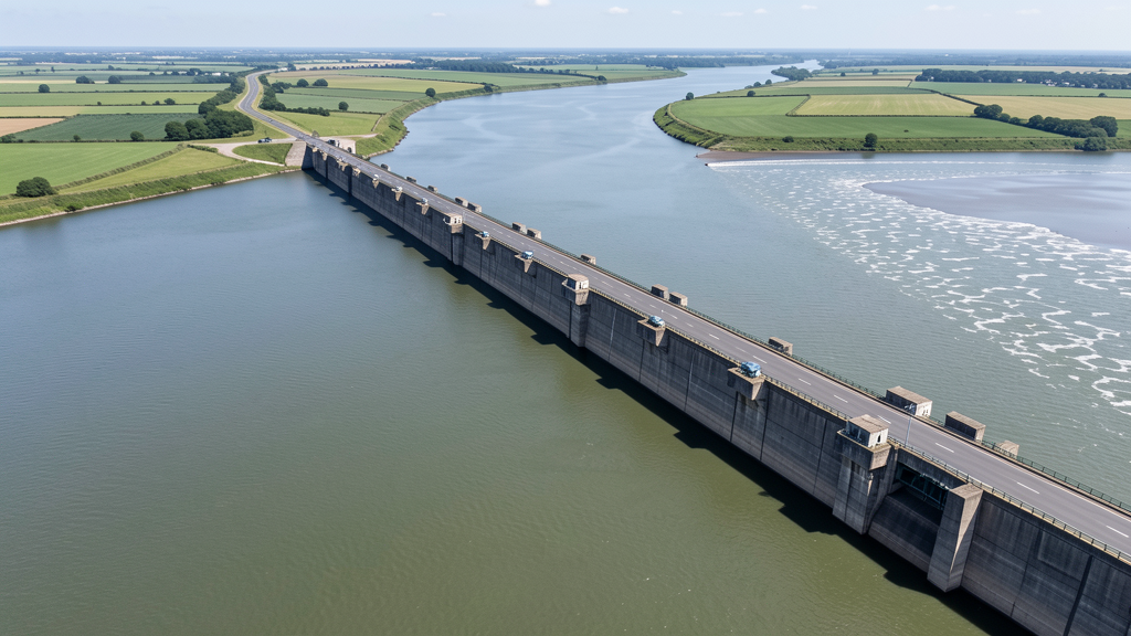 The Rance Tidal Power Station barrage spanning the Rance estuary in Brittany, France, one of the world's oldest and largest tidal energy installations.