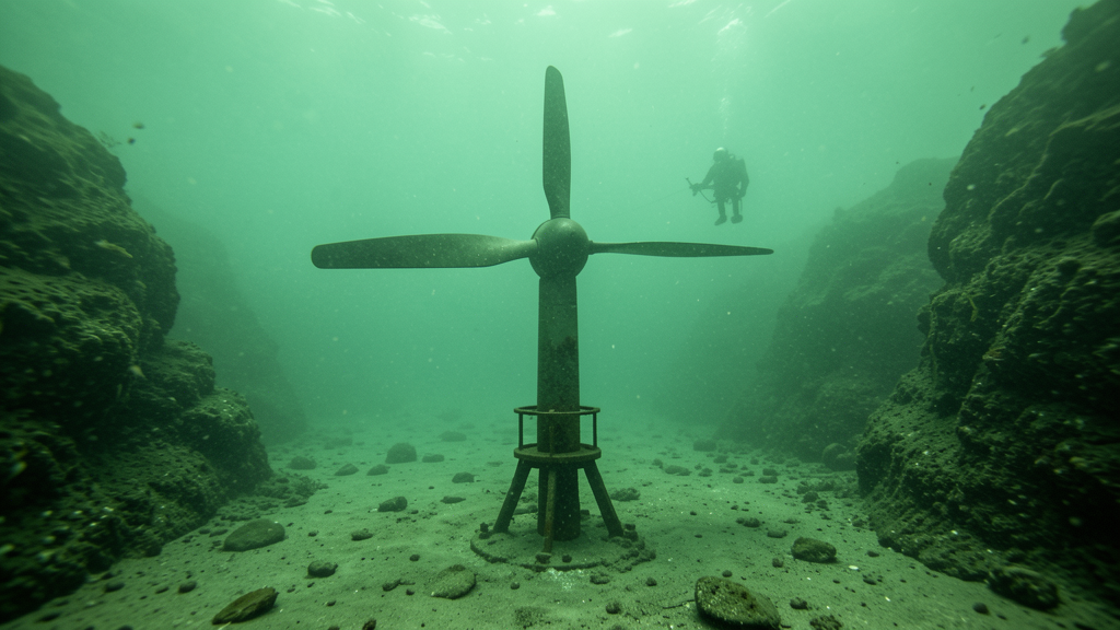 Underwater tidal stream turbine mounted on a seabed foundation in a coastal channel, with a diver providing scale reference.