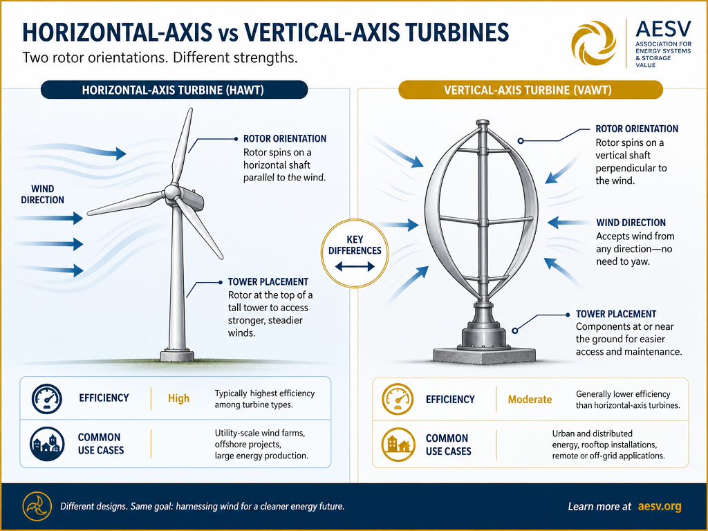 Comparison diagram of horizontal-axis versus vertical-axis wind turbines