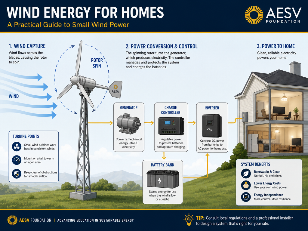Illustrated small wind energy system showing turbine, battery, inverter, and home load