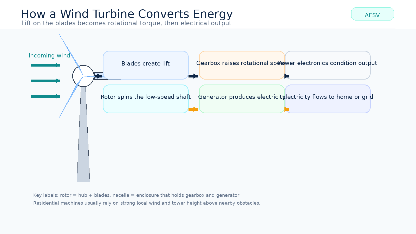 Diagram showing how wind turns turbine blades and rotor, then passes through gearbox, generator, and power electronics to deliver electricity