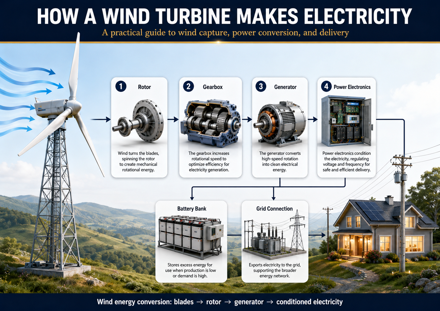 Diagram showing how wind turns turbine blades and rotor, then passes through gearbox, generator, and power electronics to deliver electricity