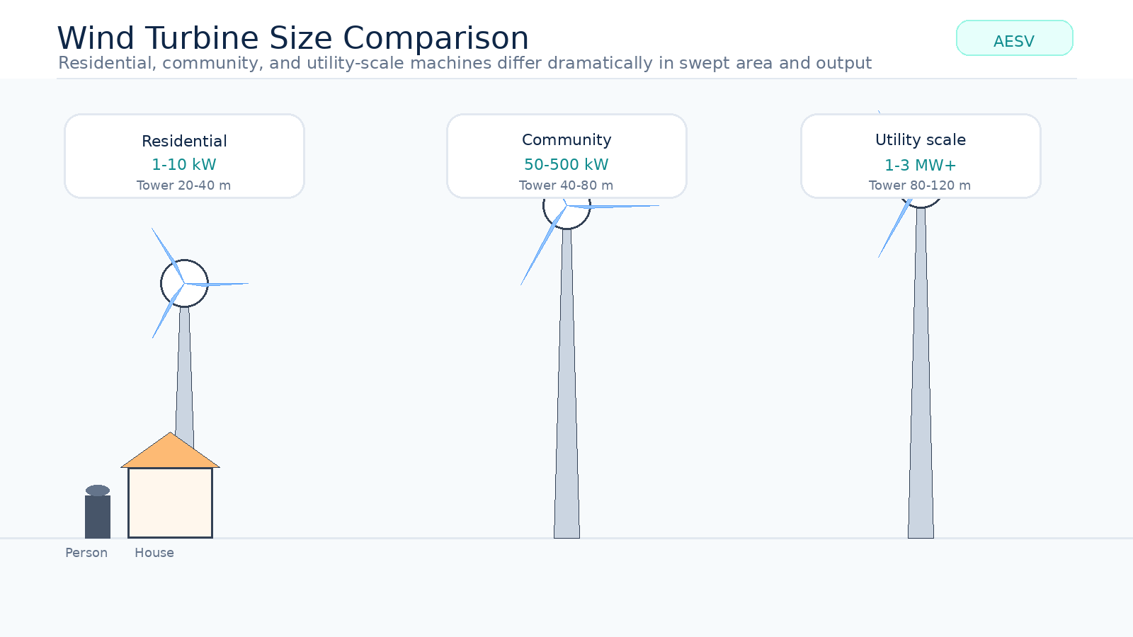 Size comparison of residential, community, and utility-scale wind turbines with a person and house for reference