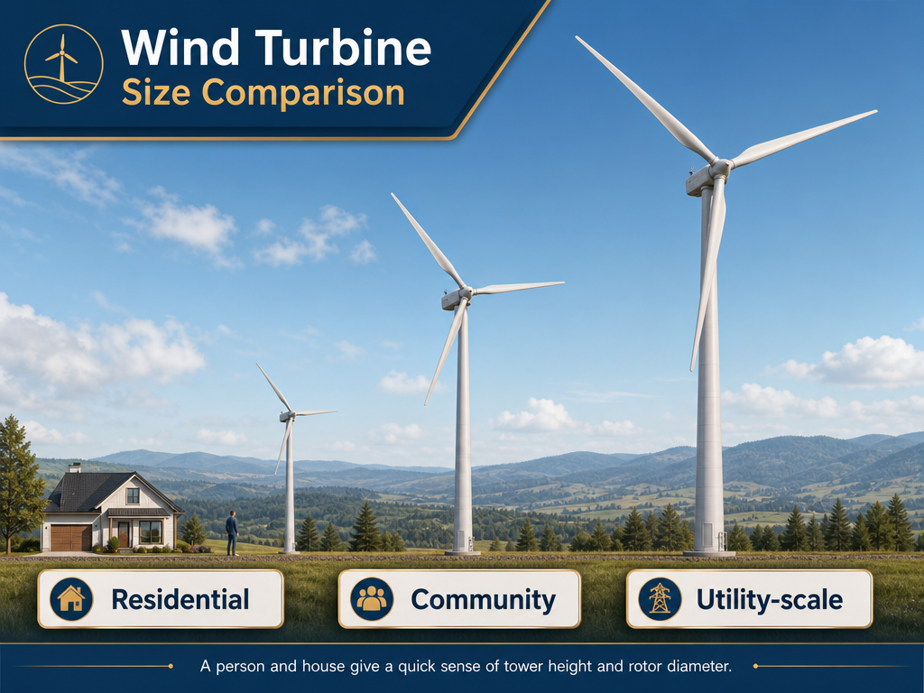 Size comparison of residential, community, and utility-scale wind turbines with a person and house for reference