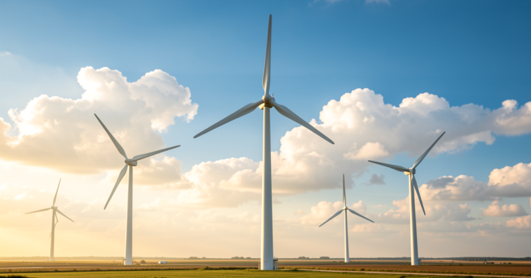 Modern wind turbines in a wind farm with blue sky, showing the scale of utility-grade wind energy infrastructure