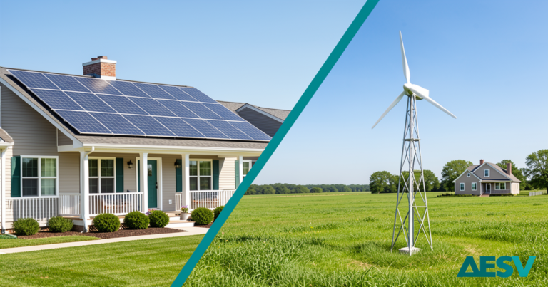 Split image showing a residential solar panel array on the left and a small wind turbine on a rural property on the right, representing the wind versus solar energy comparison