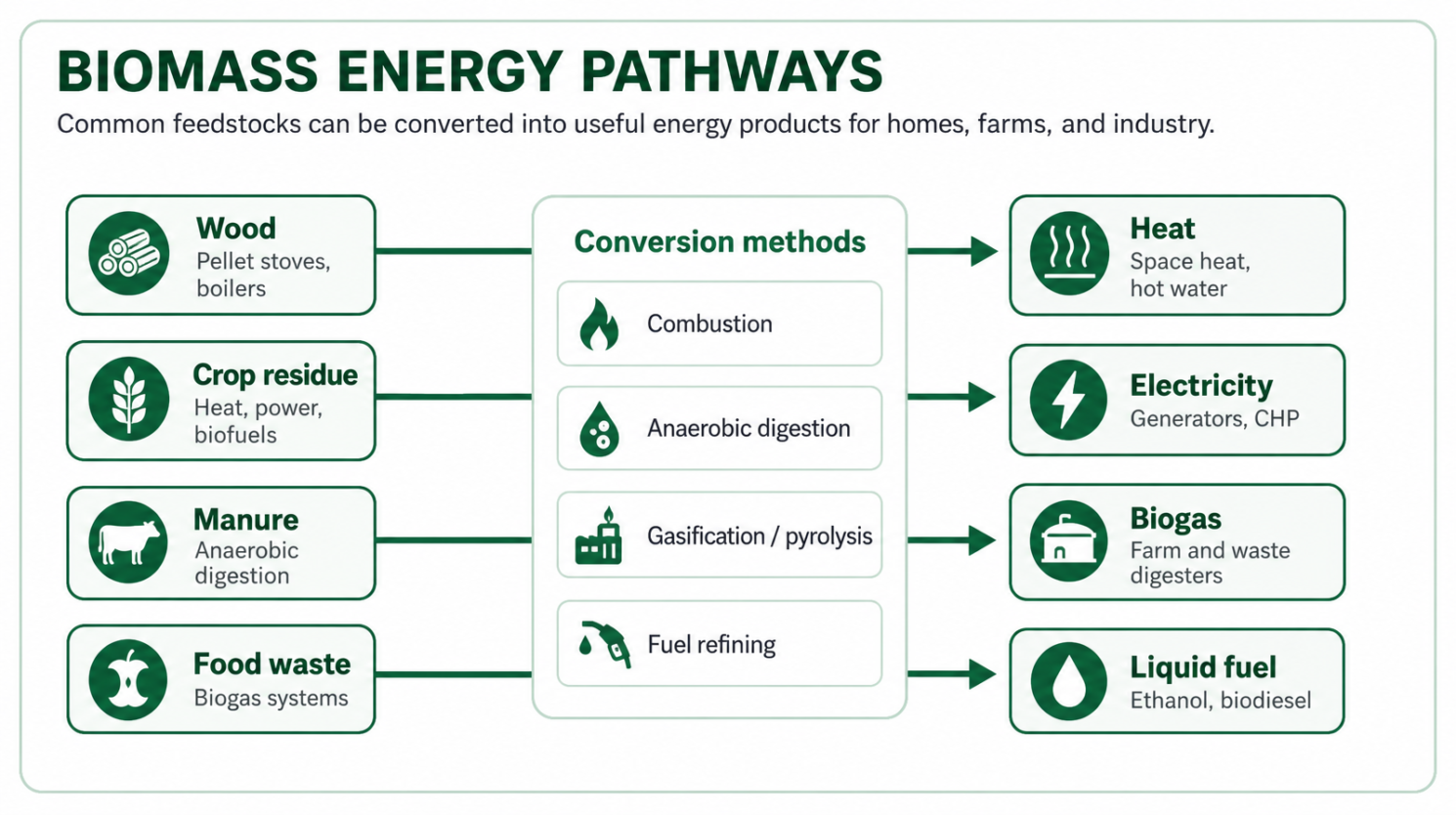 Diagram showing wood, crop residue, manure, and food waste converted into biomass energy.