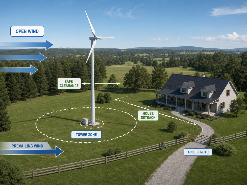 Conceptual backyard wind turbine site-selection diagram showing open wind exposure, safe clearance, a tower zone, and a house setback area.
