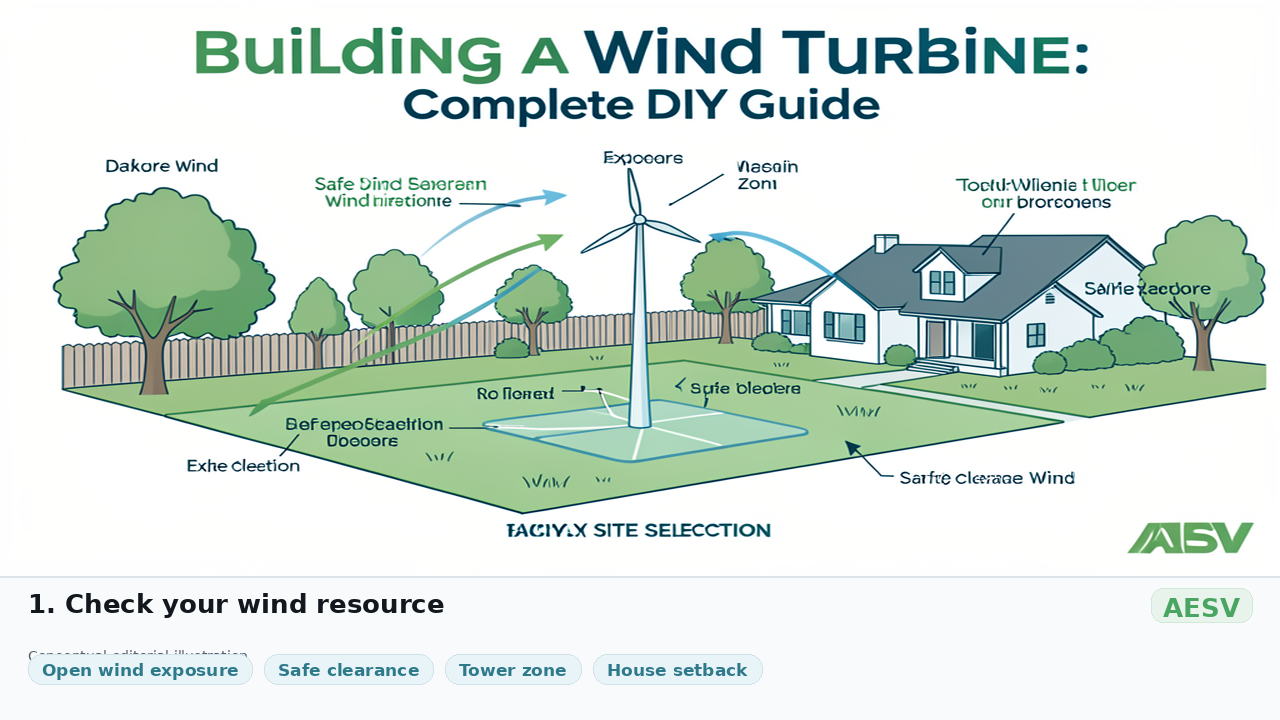Conceptual backyard wind turbine site-selection diagram showing open wind exposure, safe clearance, a tower zone, and a house setback area.