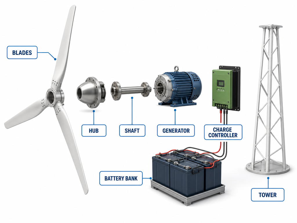 Exploded-view wind turbine diagram showing the blades, hub, generator, and tower components separated and labeled.