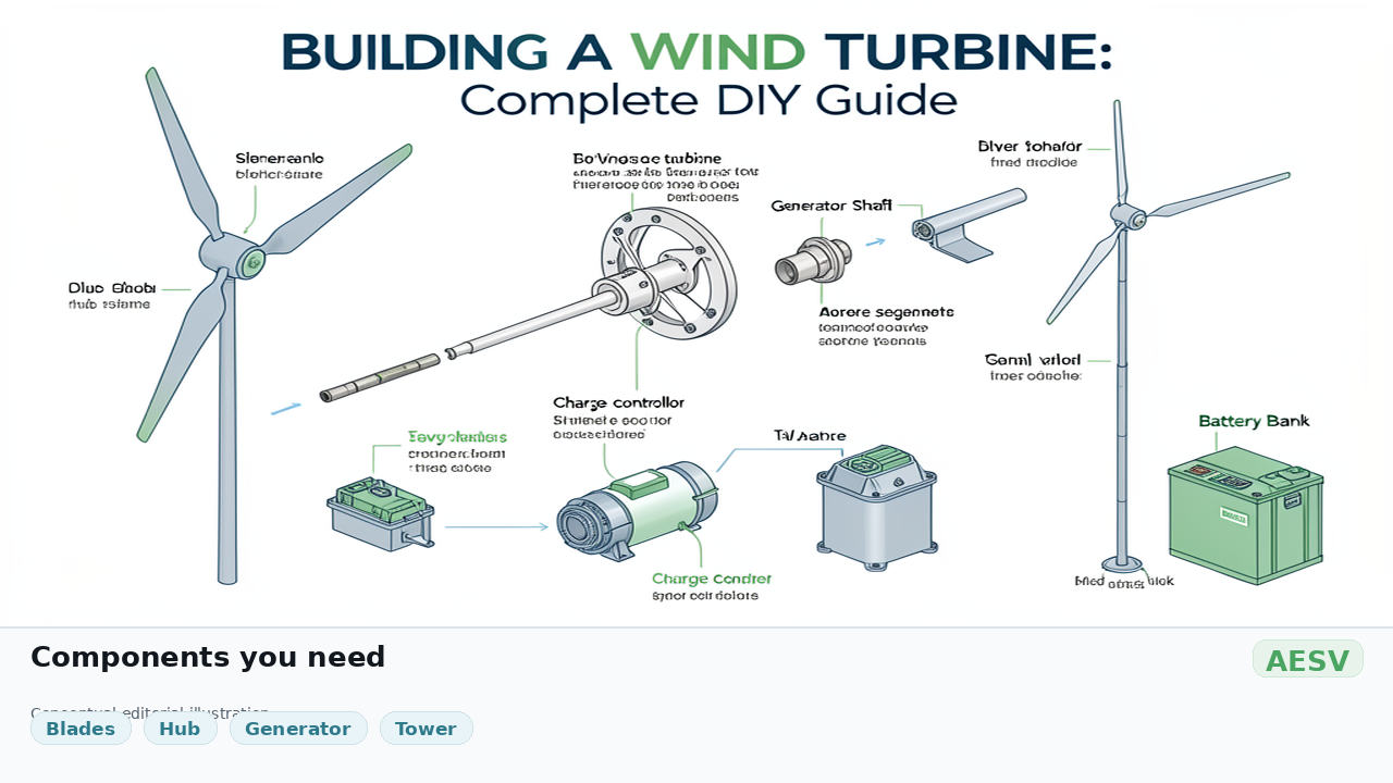 Exploded-view wind turbine diagram showing the blades, hub, generator, and tower components separated and labeled.
