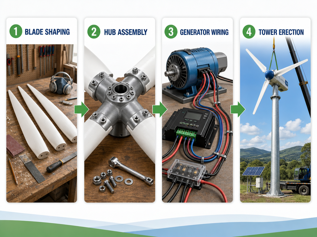 Wind turbine build sequence diagram showing blade shaping, hub assembly, and wiring to the generator and charge controller in order.