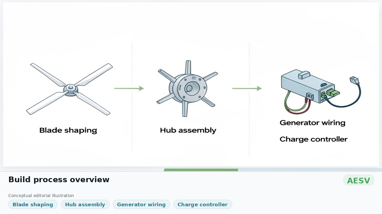 Wind turbine build sequence diagram showing blade shaping, hub assembly, and wiring to the generator and charge controller in order.