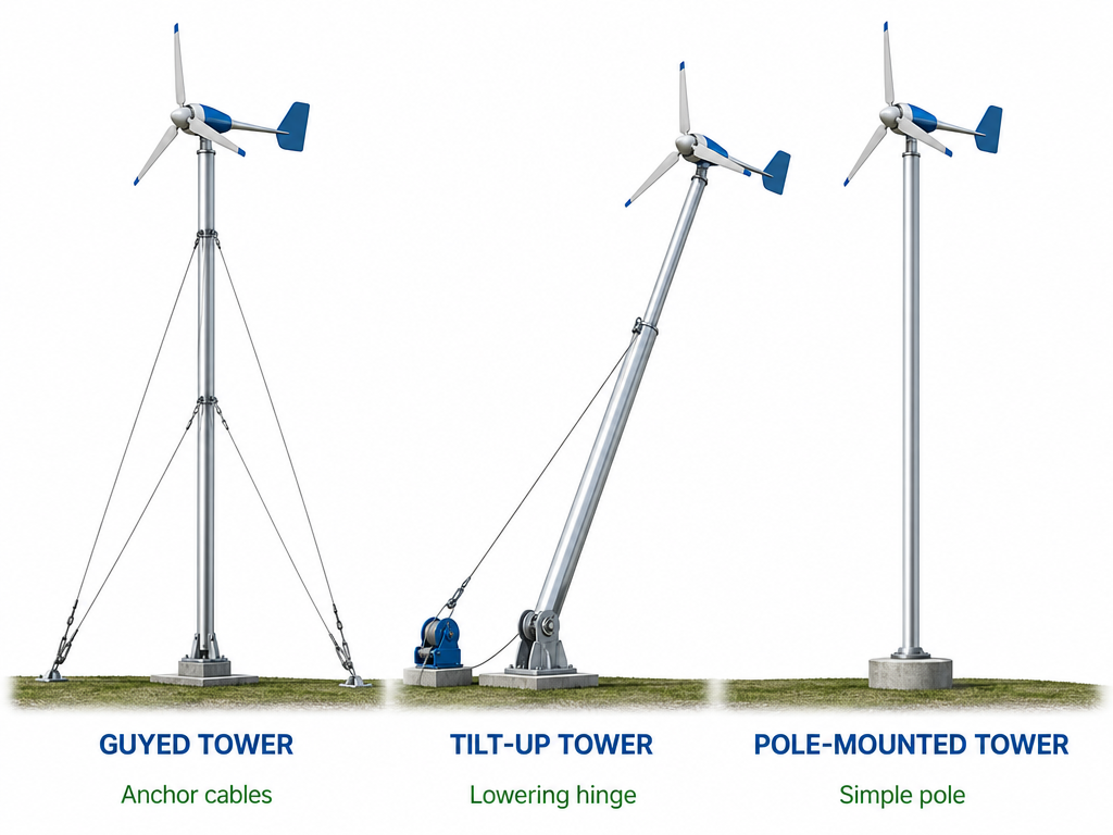Comparison diagram of wind turbine tower options showing a guyed tower, tilt-up tower, and pole-mounted tower with maintenance access notes.
