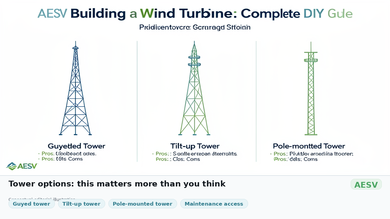 Comparison diagram of wind turbine tower options showing a guyed tower, tilt-up tower, and pole-mounted tower with maintenance access notes.