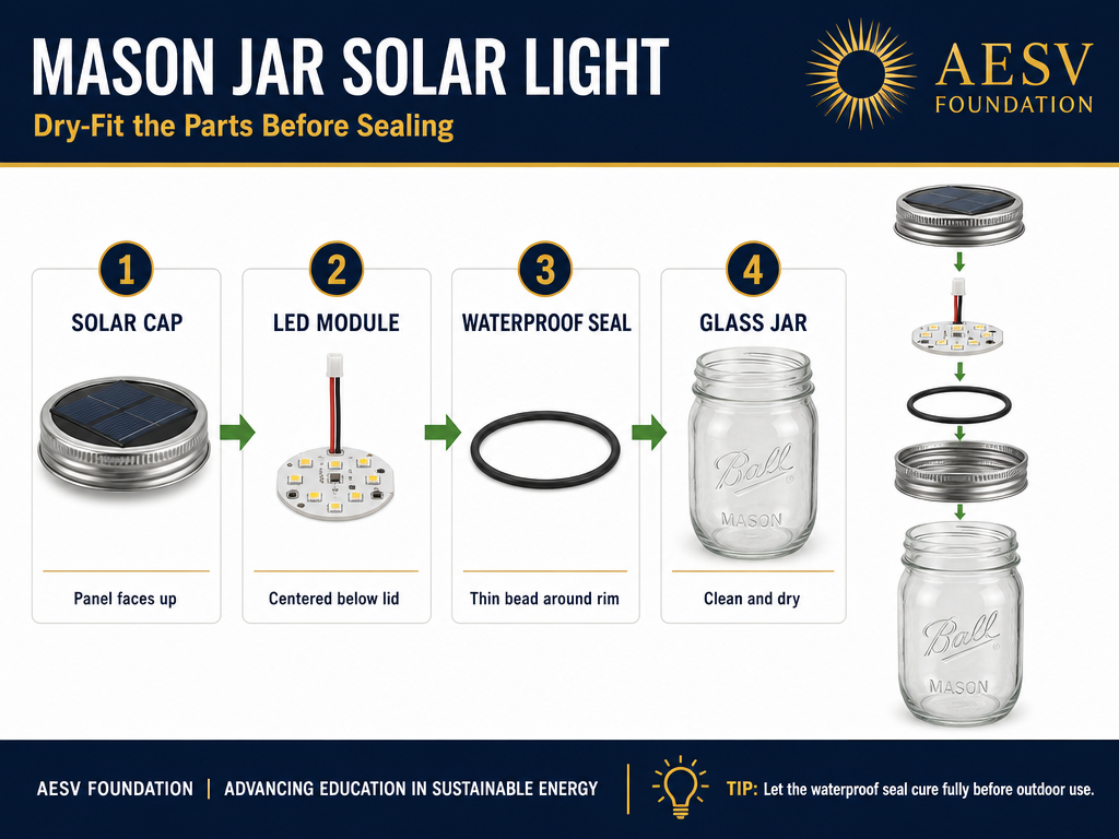 Exploded diagram of a DIY mason jar solar light with solar cap, LED module, seal, and jar