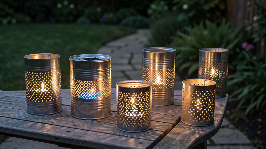 Tin can luminaries with punched patterns and a small solar light glowing on a patio table.