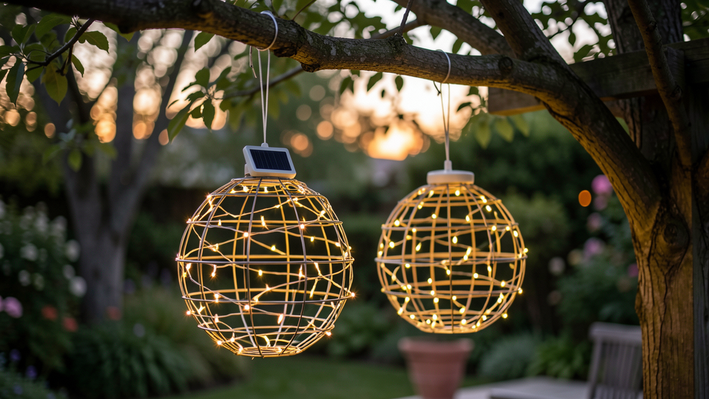 Decorative hanging solar fairy light globe illustration with a visible hanger point, light string, solar cap, and a finished glowing result.