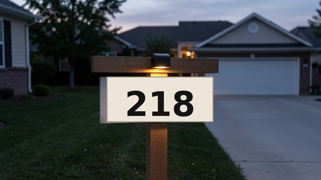 Solar address sign with a lit house-number plaque at dusk.