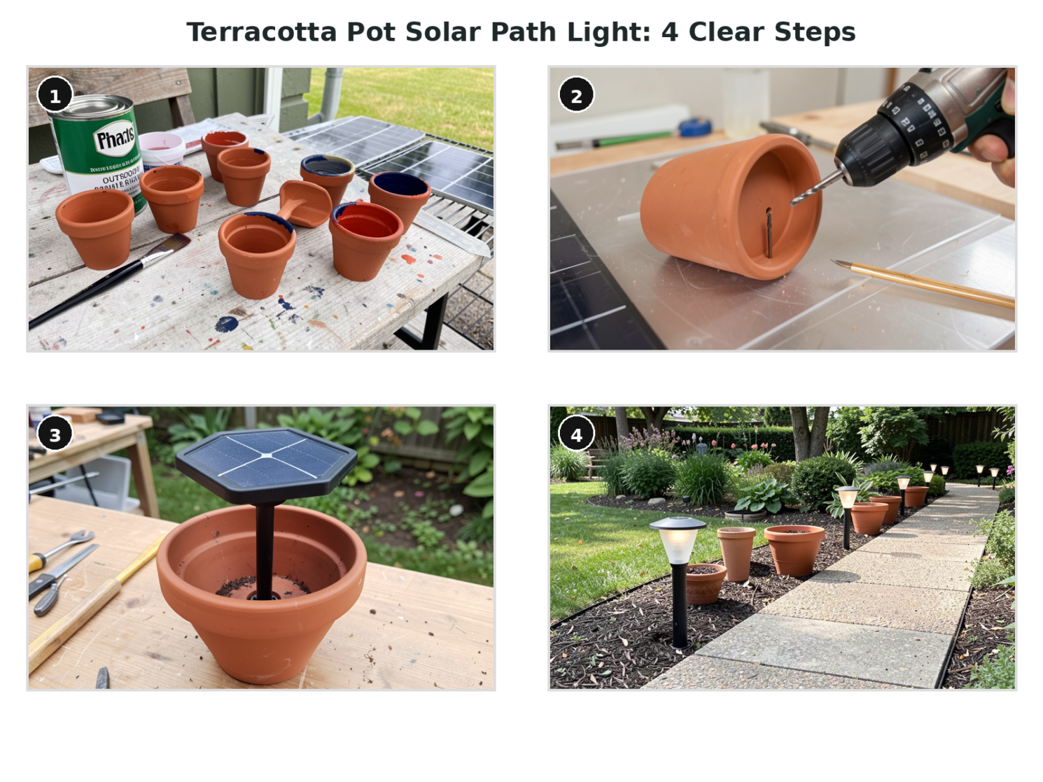 Solar pathway light craft illustration showing a clay pot base, a solar stake, a garden path, and a simple before-and-after comparison.