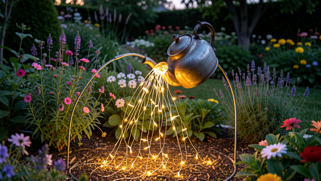 Teapot spilling light garden feature with a curved wire spill and fairy lights.