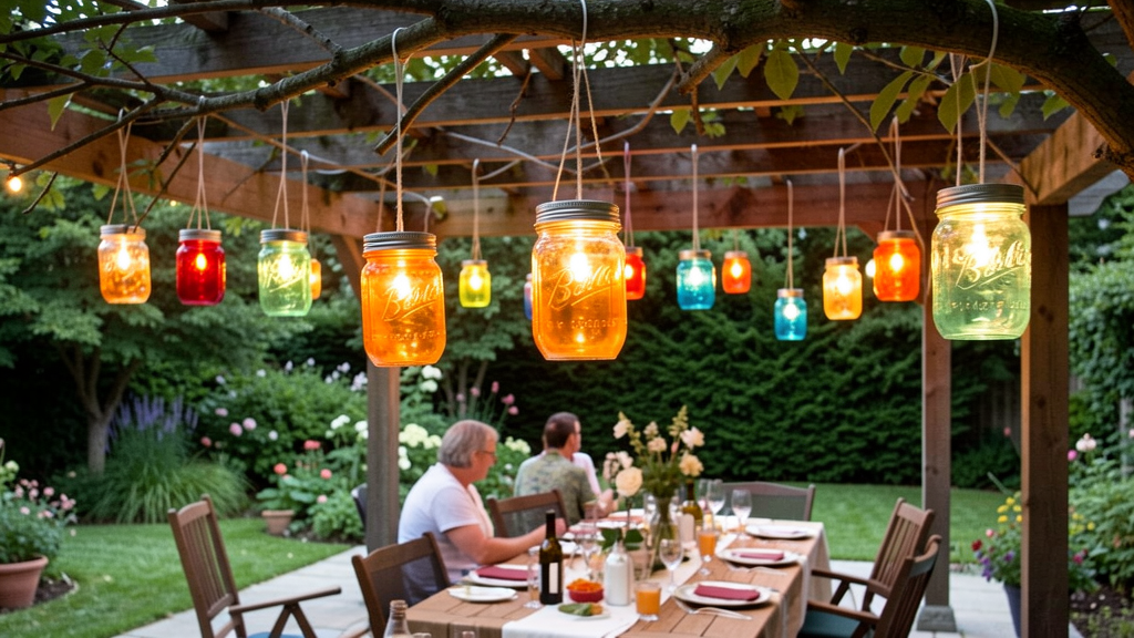Hanging colored mason jar lights glowing under a patio pergola.