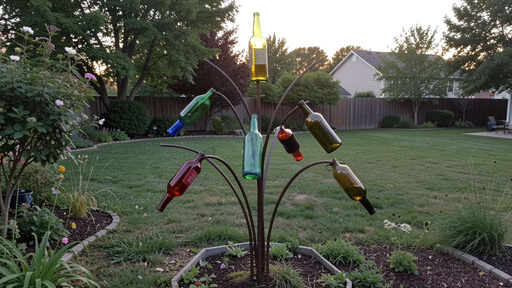 Bottle tree art made from colorful bottles on a garden sculpture.