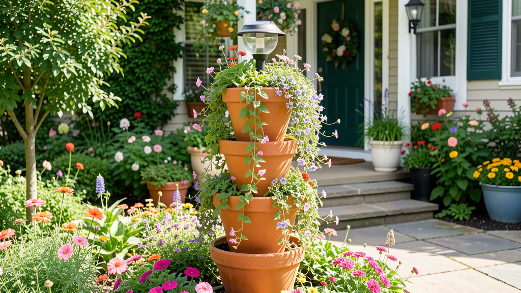 Stacked terracotta pots with cascading flowers and a solar light on top.
