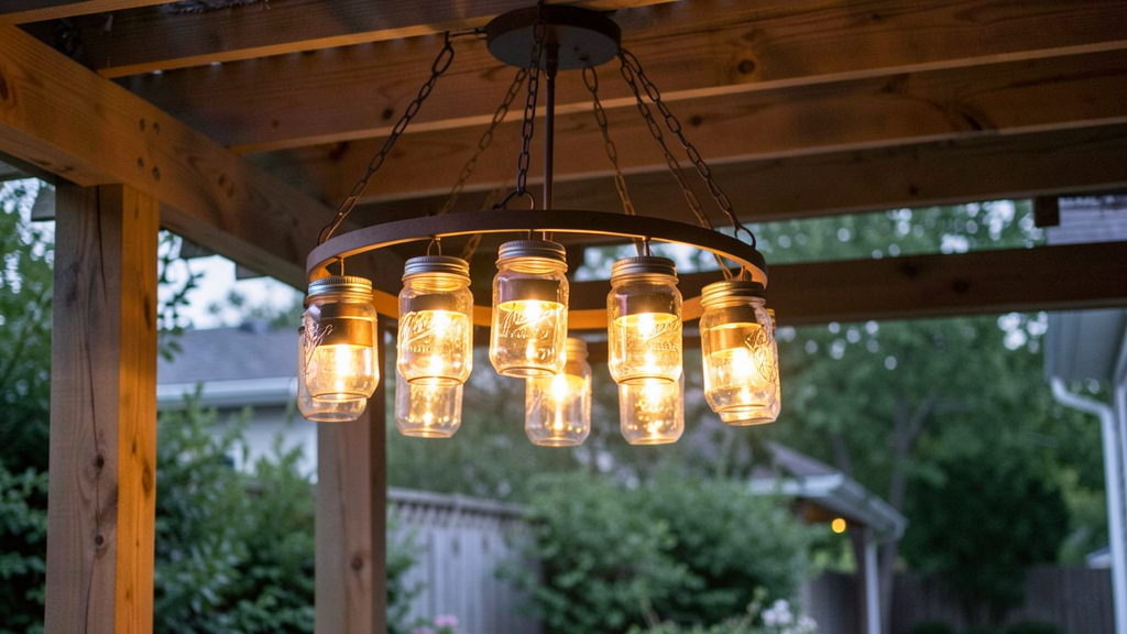 Mason jar chandelier hanging from a pergola with warm solar light.