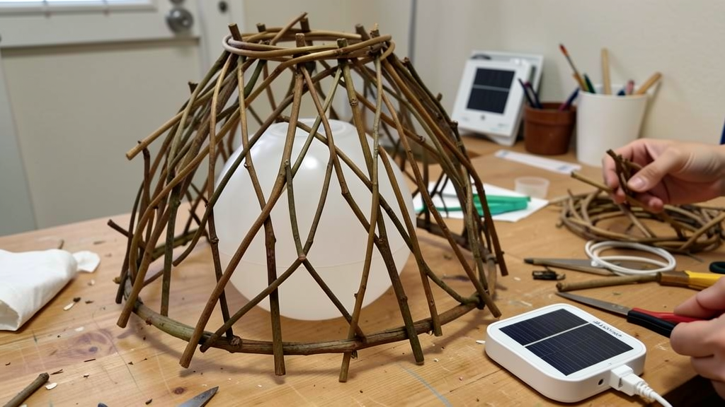 Twig lampshade craft with a solar light inside on a worktable.