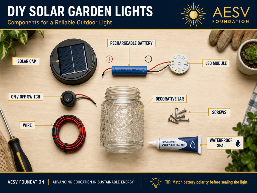 Illustrated component layout for a DIY solar garden light project showing the solar cap, LED module, rechargeable battery, switch, wire, screws, glue, and decorative jar on a workbench.
