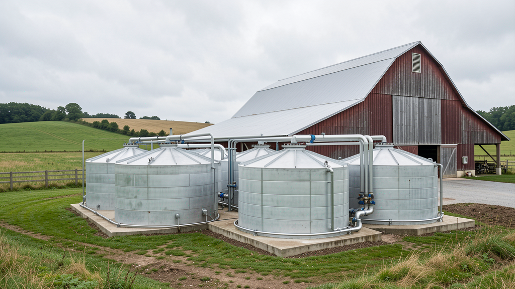 Anaerobic digester at a farm producing biogas from manure and organic waste.